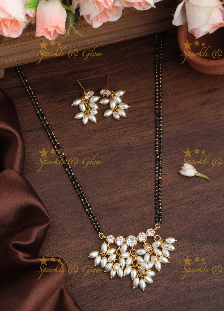 Gold alike black beads pearl pendent chain 18 inches - Sparkle and Glow