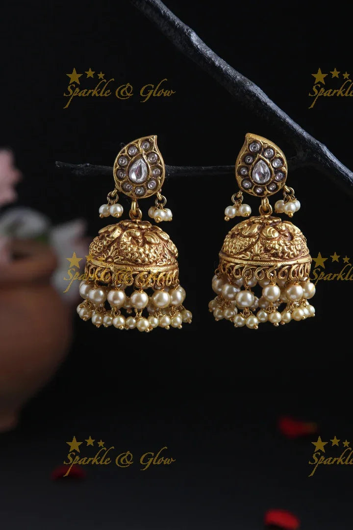 Gheru finish Peacock Jhumkas with pearls - Sparkle and Glow