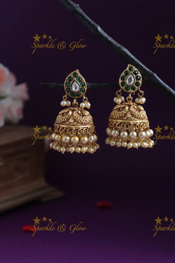 Gheru finish Peacock Jhumkas with pearls - Sparkle and Glow