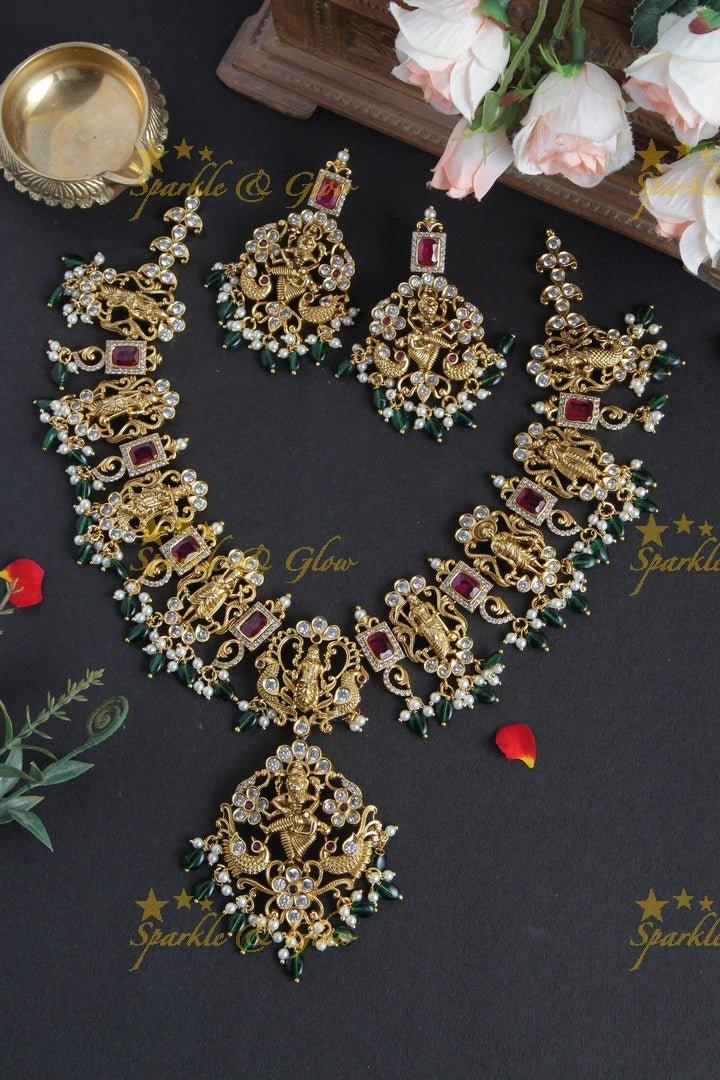 Gold alike Dashavatharam Necklace with Green beads and Pearls - Pink - Sparkle and Glow