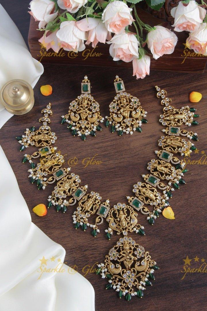 Gold alike Dashavatharam Necklace with Green beads and Pearls - Pink - Sparkle and Glow