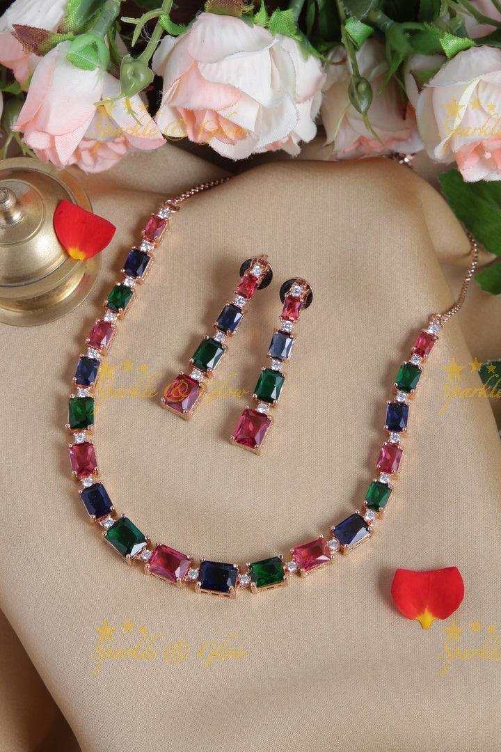 Rose gold AD stone Square design Necklace - Multi - Sparkle and Glow