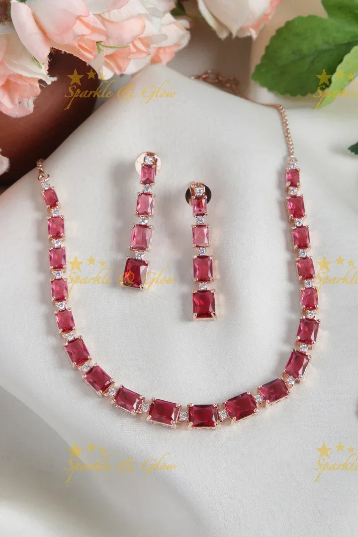 Rose gold AD stone Square design Necklace - Multi - Sparkle and Glow