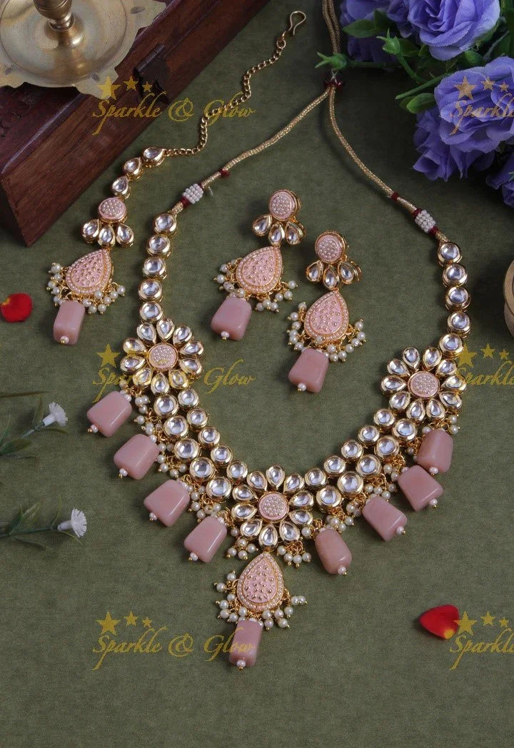 Beautiful Layered Kundan Stone Necklace With Floral Studs- Light Pink - Sparkle and Glow