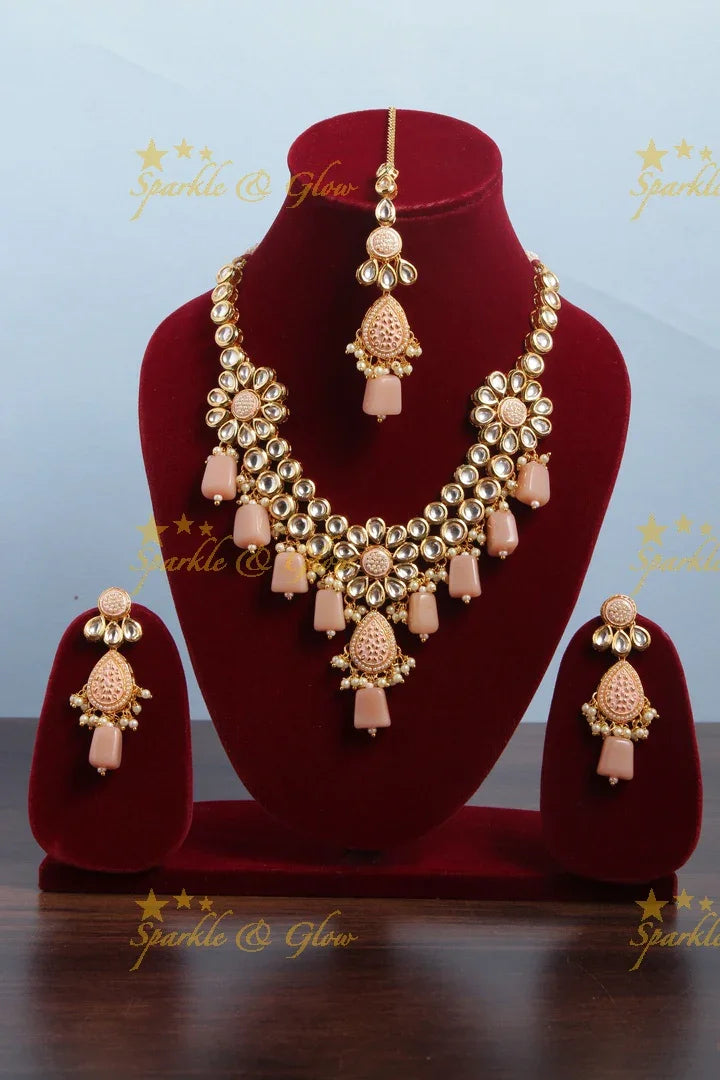 Beautiful Layered Kundan Stone Necklace With Floral Studs- Light Pink - Sparkle and Glow