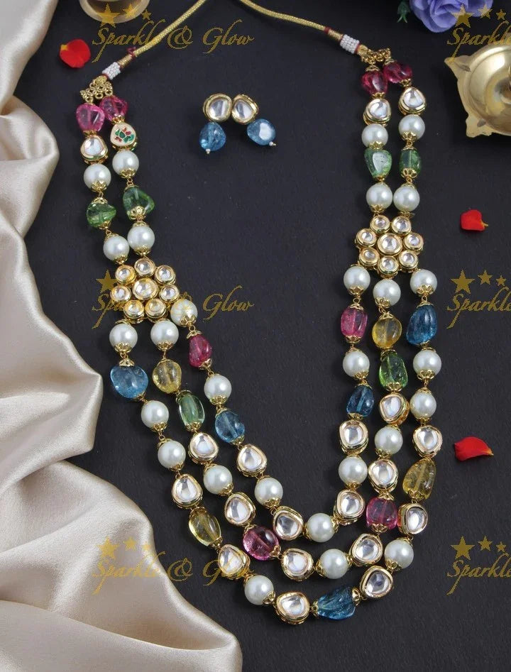 Navarathna Three Layered Kundan Stone Floral Studded Mala - Sparkle and Glow