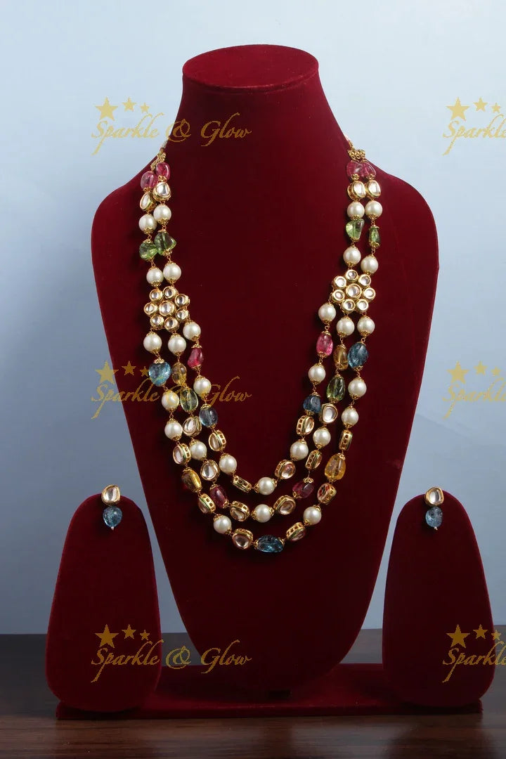 Navarathna Three Layered Kundan Stone Floral Studded Mala - Sparkle and Glow