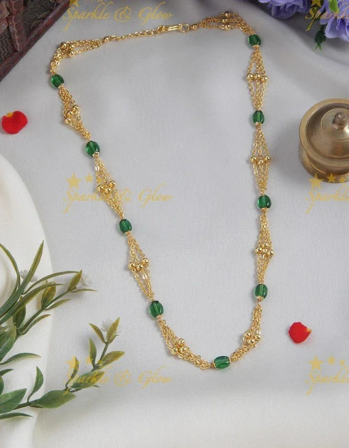 Gold alike long beads necklace - Green, 18 inches - Sparkle and Glow