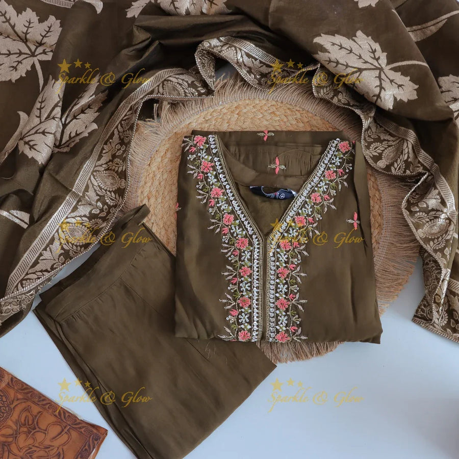 Gorgeous Roman Silk Kurti pant with Banarasi jacquard Dupatta set- Olive Green - Sparkle and Glow