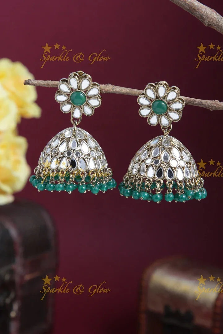 Beautiful Floral Studded Antique Jhumkas - Sparkle and Glow