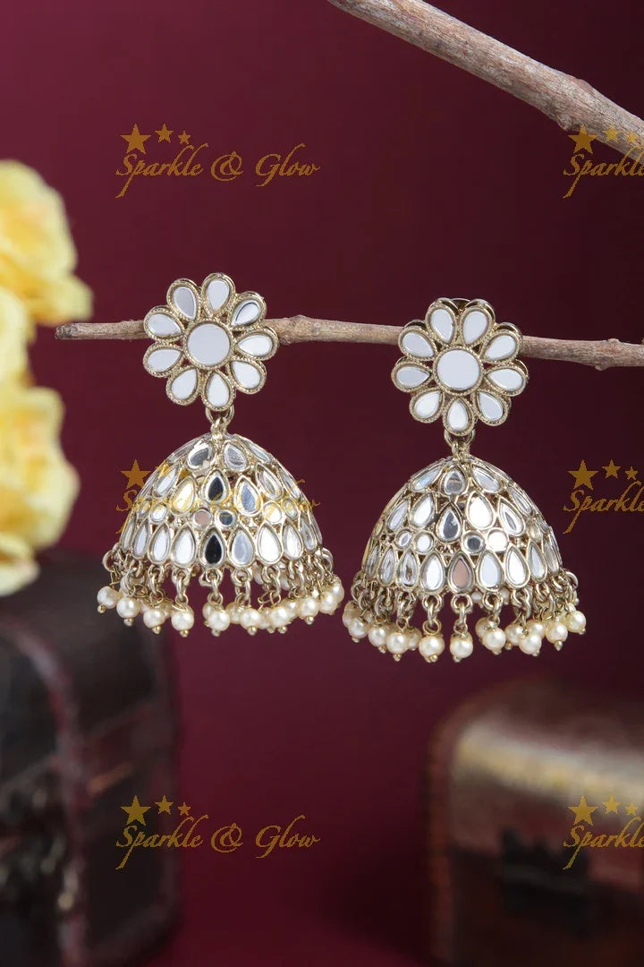 Beautiful Floral Studded Antique Jhumkas - Sparkle and Glow