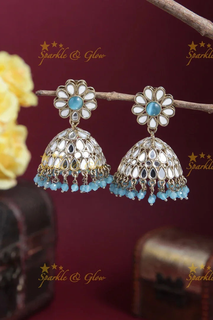 Beautiful Floral Studded Antique Jhumkas - Sparkle and Glow