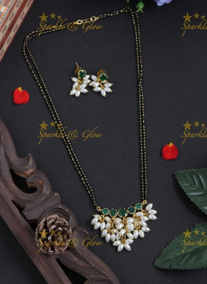 Gold alike black beads magalsutra rice pearls necklace - 18 inches - Green - Sparkle and Glow