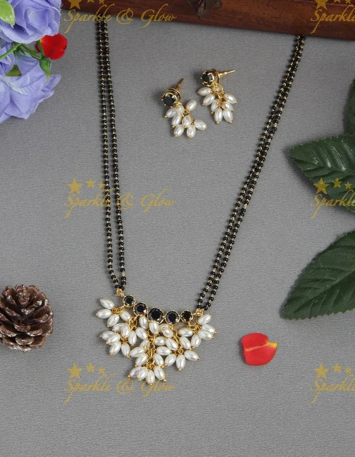 Gold alike black beads magalsutra rice pearls necklace - 18 inches - Green - Sparkle and Glow