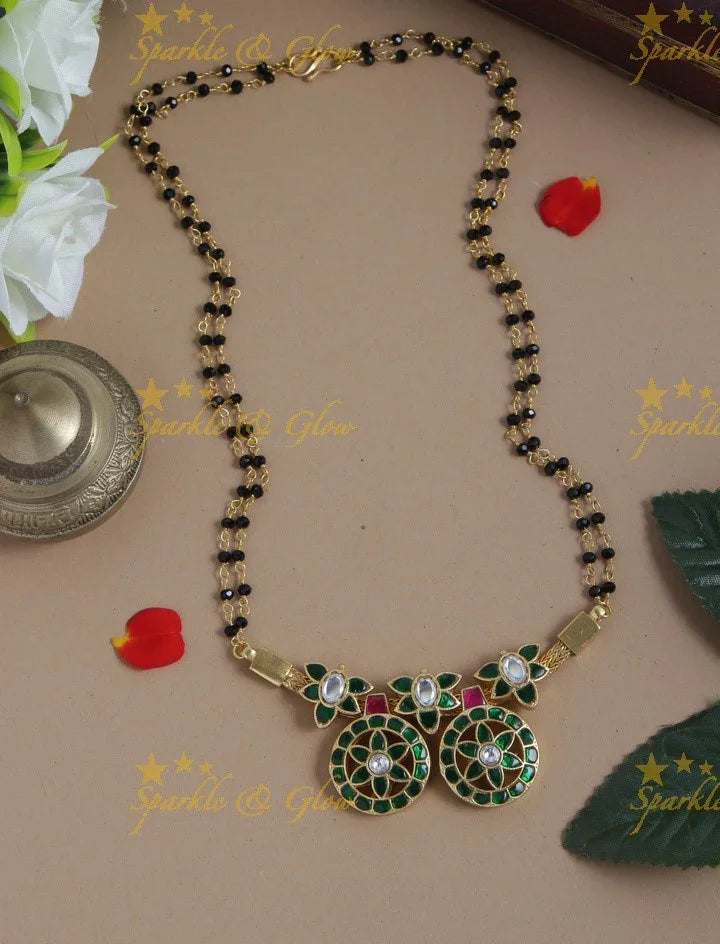 Gold alike mangalsutra design jadau black beads necklace - 16 inches - Green - Sparkle and Glow