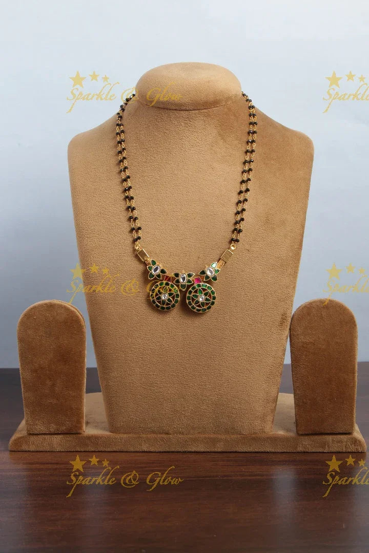 Gold alike mangalsutra design jadau black beads necklace - 16 inches - Green - Sparkle and Glow