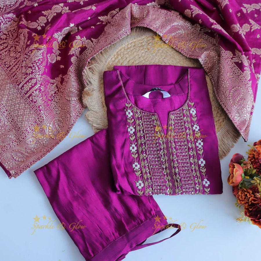 Gorgeous Roman Silk Kurti pant with Banarasi jacquard Dupatta set- Pink - Sparkle and Glow