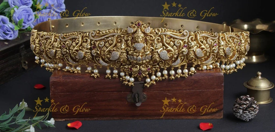 Beautiful gold alike goddess lakshmi carved hipbelt - Sparkle and Glow