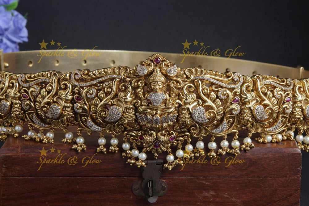 Beautiful gold alike goddess lakshmi carved hipbelt - Sparkle and Glow
