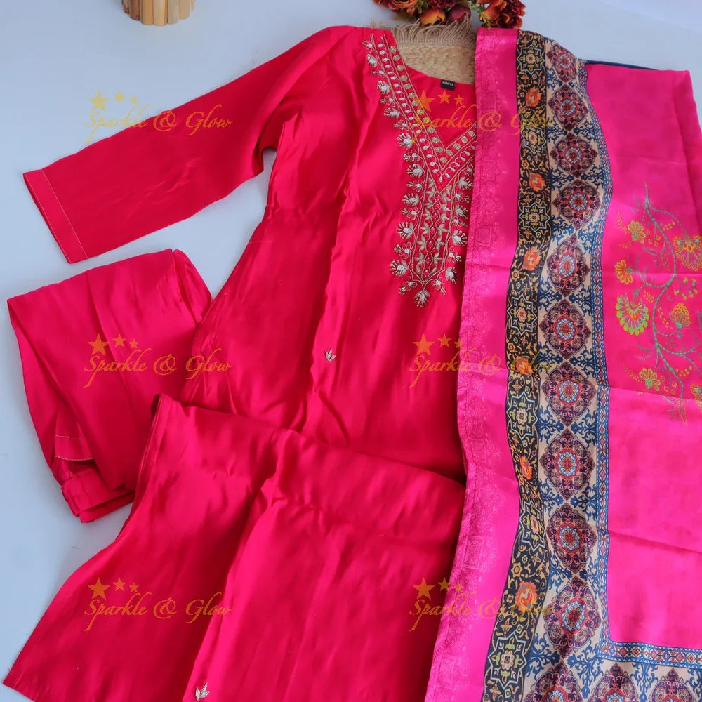 Stunning Modal Silk Kurti pant with digital Print Dupatta set- Pink - Sparkle and Glow