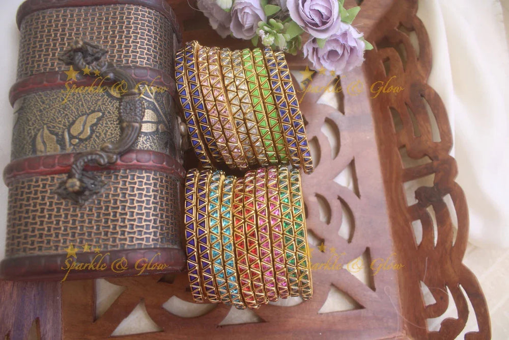 Kundan stone traingle shaped silk thread bangles one dozen for return gifts - Sparkle and Glow