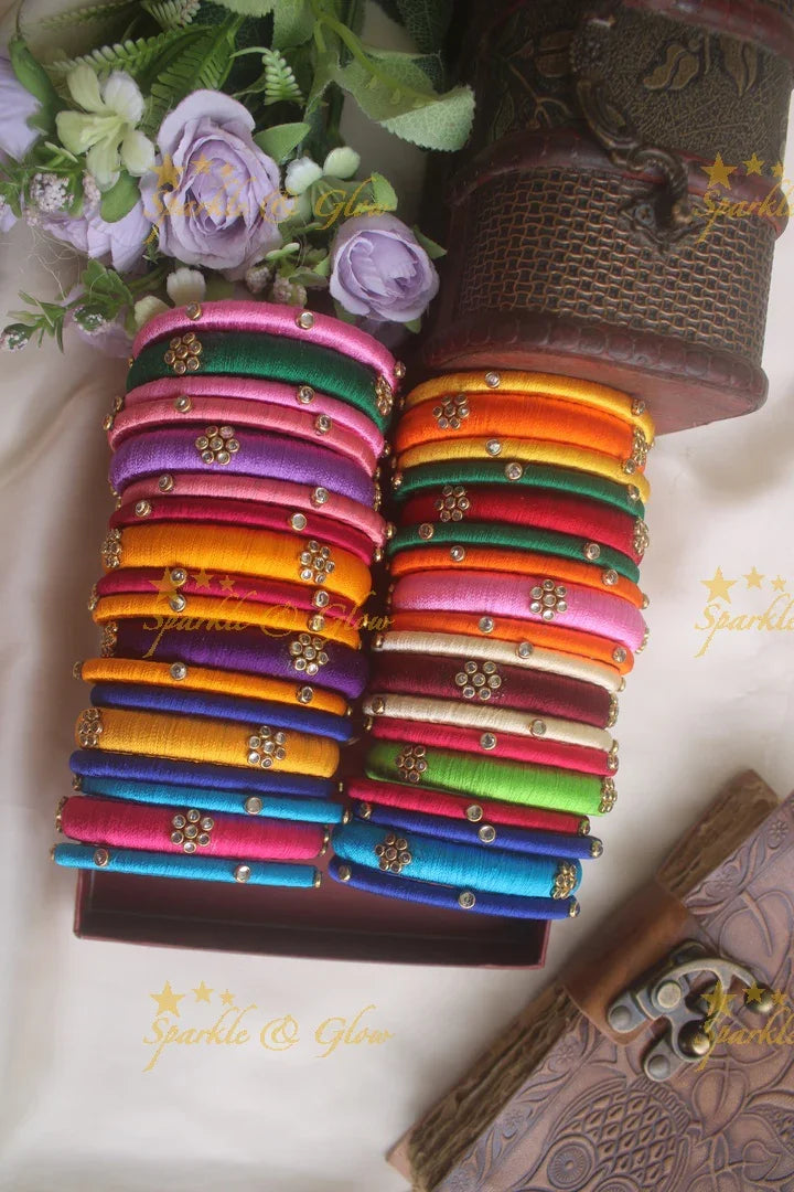 Assorted Silk thread bangle set of threr with kundan stones - Sparkle and Glow