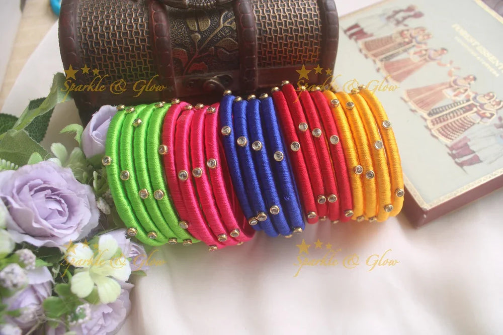 Assorted Silk thread bangle set of 4 bangles with kundan stones - Sparkle and Glow