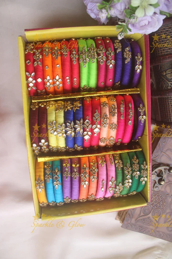 Assorted Silk thread bangles with kundan stones - Sparkle and Glow