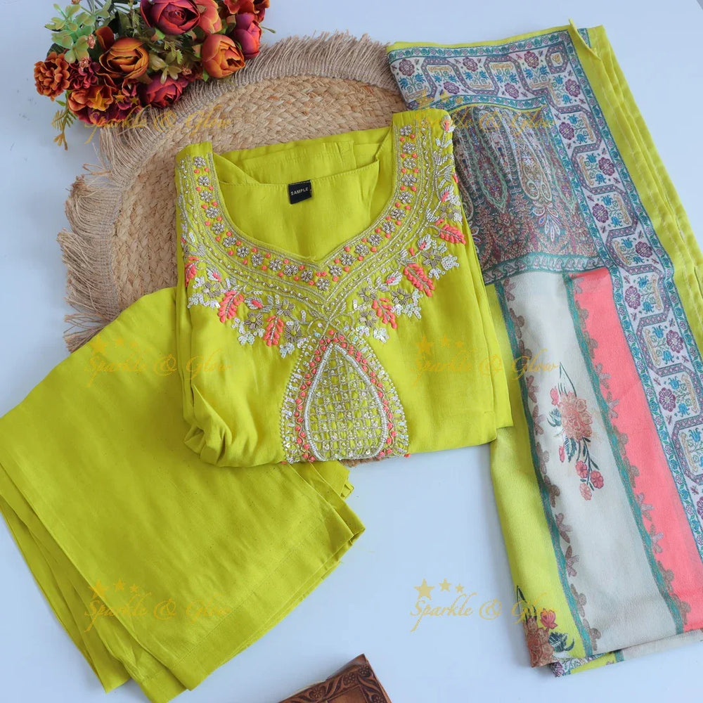 Stunning Modal Silk Kurti pant with digital Print Dupatta set - Lemon Yellow - Sparkle and Glow