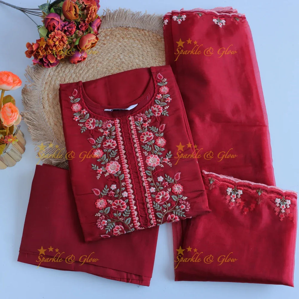 Beautiful Modal Silk Kurti pant with Organza Dupatta set- Marron - Sparkle and Glow