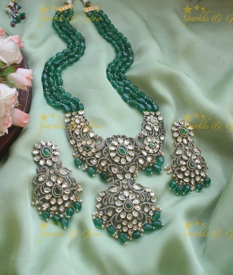 Exquisite victorian AD stones peacock pendent beads chain- Light pink - Sparkle and Glow