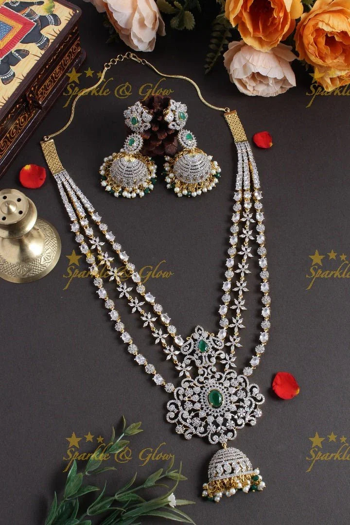 GJ Polish three layered floral AD necklace with beautiful jhumkas - Green - Sparkle and Glow