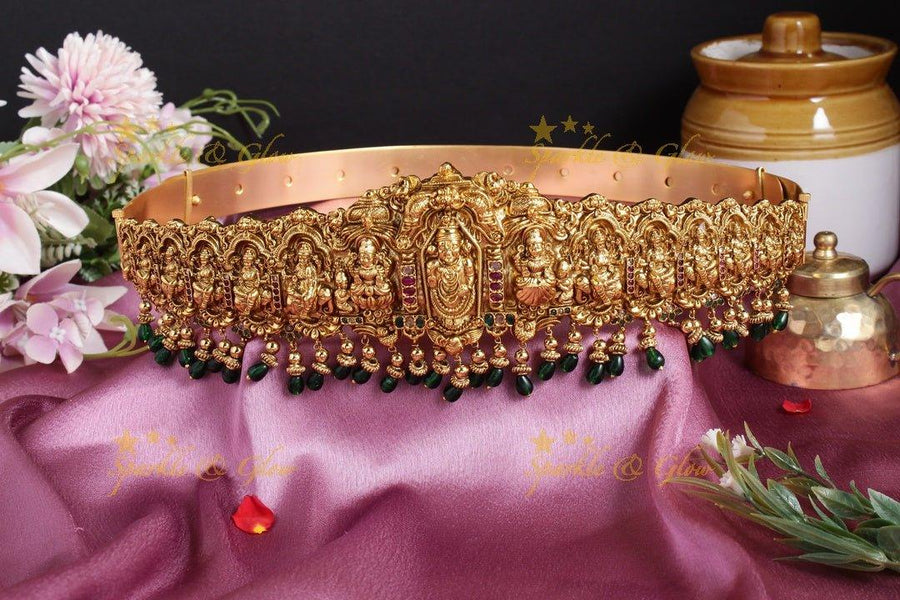 Intricately carved multi goddess green beads hipbelt - Sparkle and Glow
