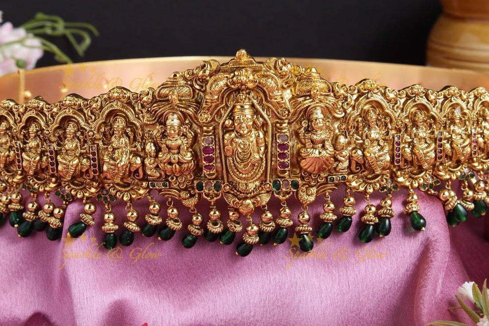 Intricately carved multi goddess green beads hipbelt - Sparkle and Glow