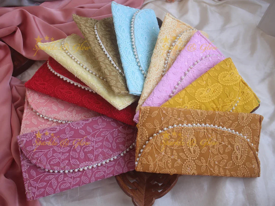 Chikankari embroiderd 9*5 inch clutch return gifts - Sparkle and Glow