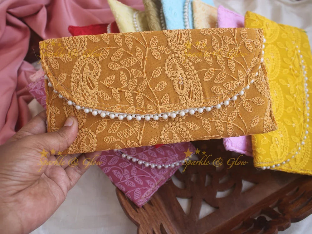 Chikankari embroiderd 9*5 inch clutch return gifts - Sparkle and Glow