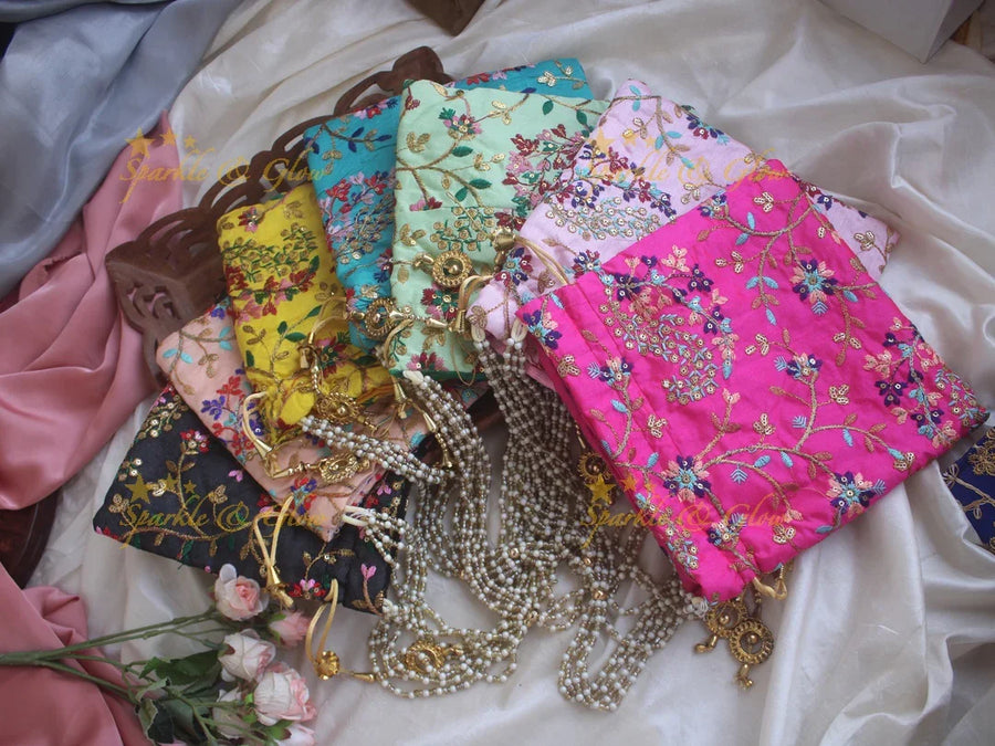 Embroiderd 8.5*8.5 inch square Potlis return gifts - Sparkle and Glow