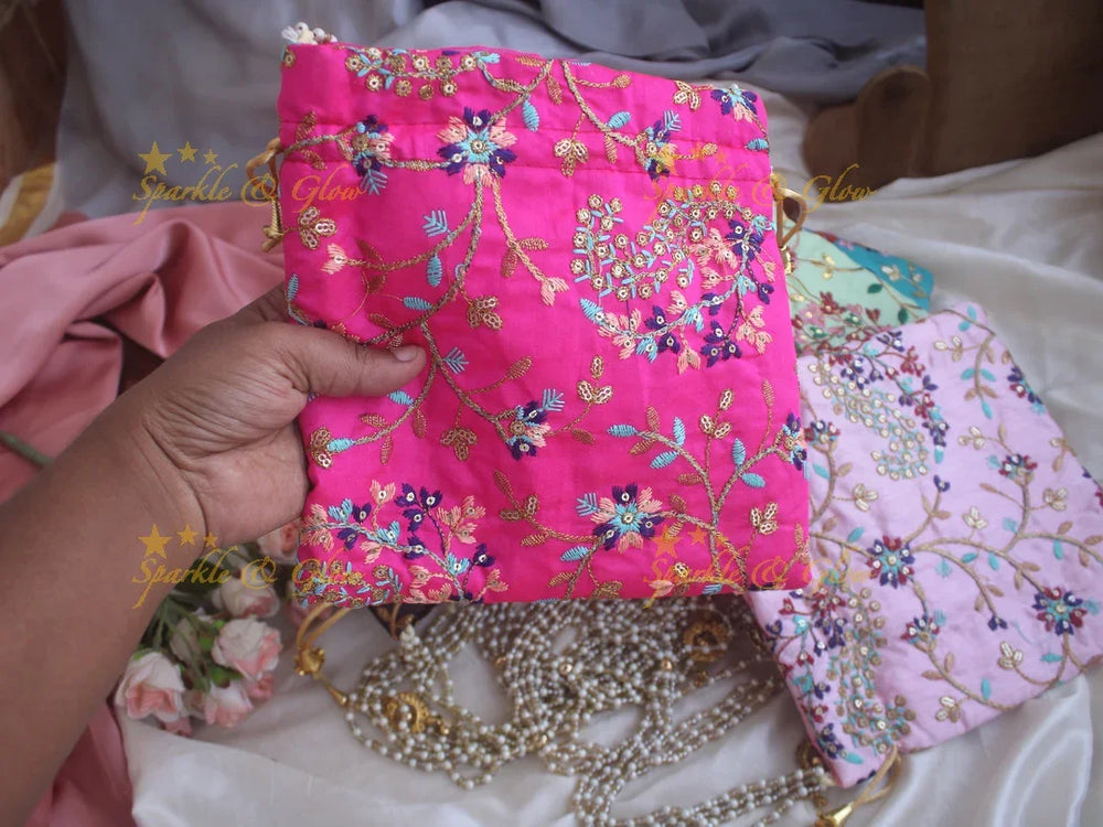 Embroiderd 8.5*8.5 inch square Potlis return gifts - Sparkle and Glow