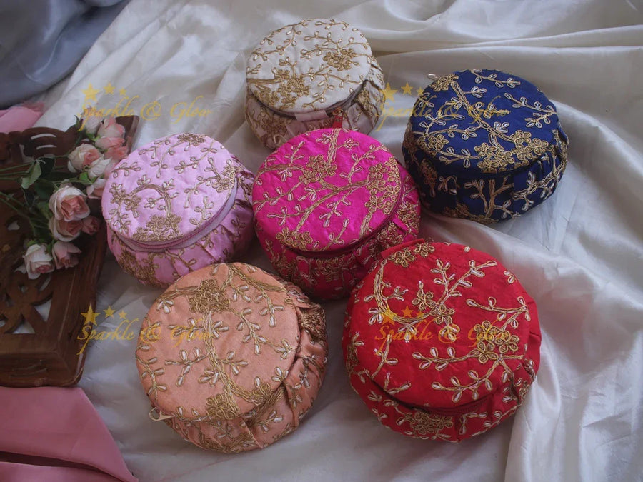 Embroiderd 5 inch diameter Matki return gifts - Sparkle and Glow