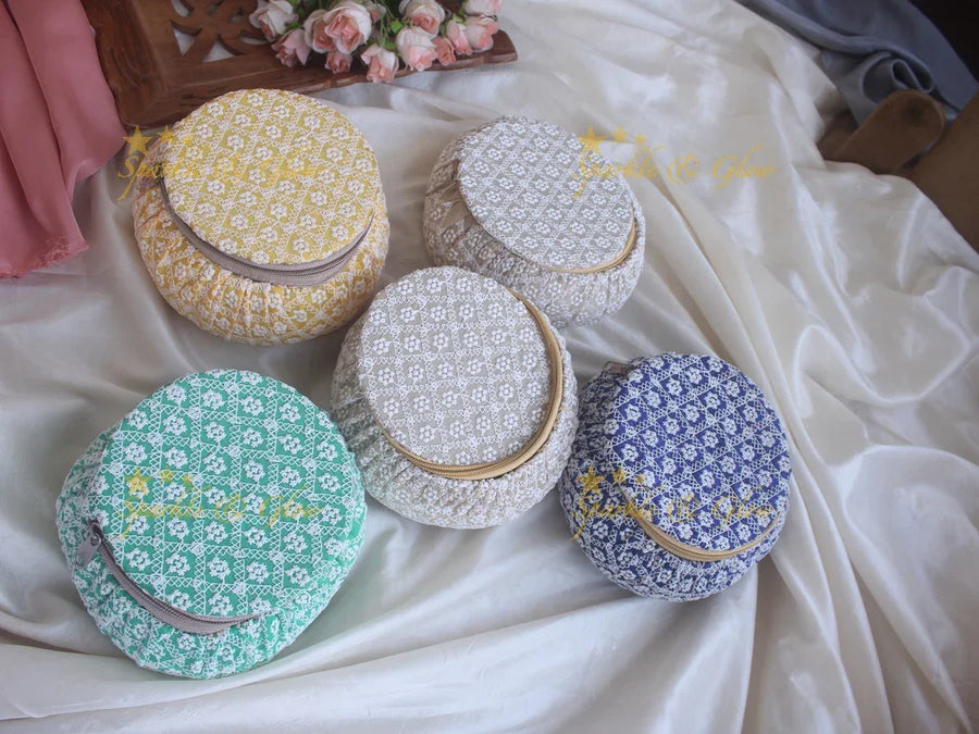 Chikankari Embroiderd 5 inch diameter Matki return gifts - Sparkle and Glow