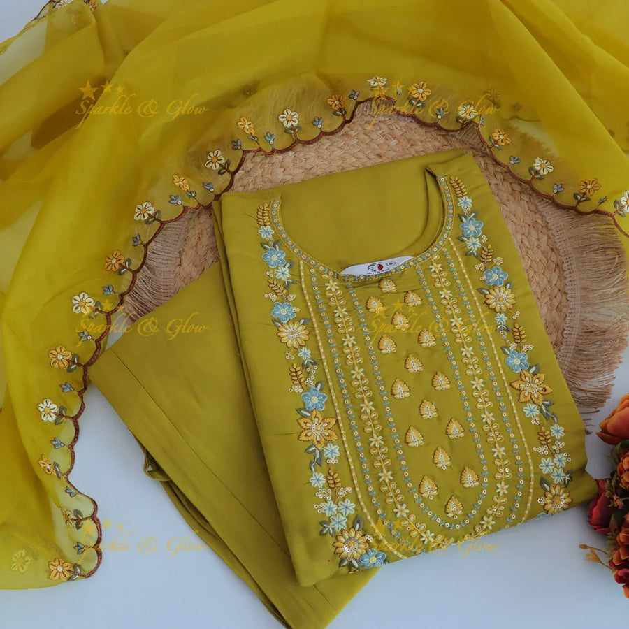 Beautiful Modal Silk Kurti pant with Organza Dupatta set- Mustard Yellow - Sparkle and Glow