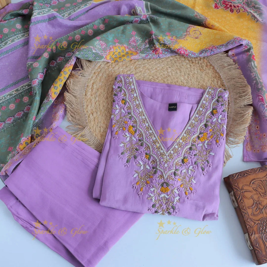 Stunning Modal Silk Kurti pant with digital Print Dupatta set - Lavender - Sparkle and Glow
