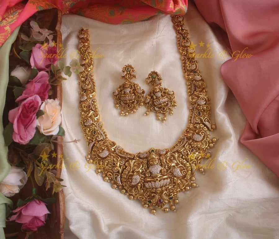 Grand Intricate gold alike Bridal Lakshmi Haram - Sparkle and Glow
