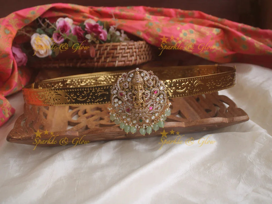 Exquisite Laxmi venkatesh ruby emerald and mint green beads gold finish victorian ad hipbelt - Sparkle and Glow