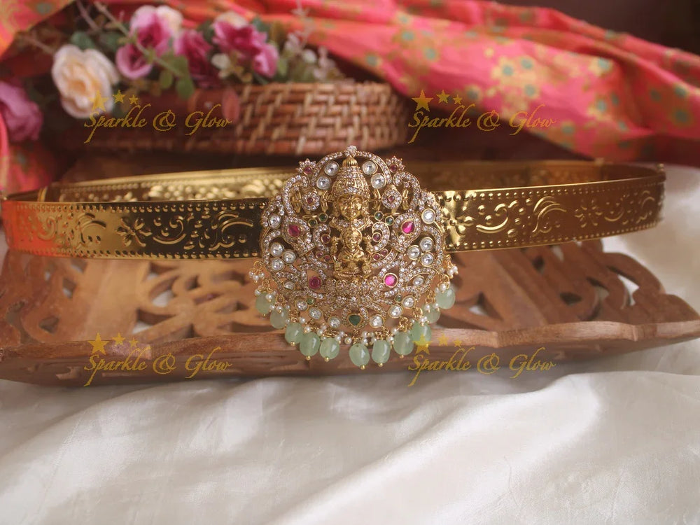 Exquisite Laxmi venkatesh ruby emerald and mint green beads gold finish victorian ad hipbelt - Sparkle and Glow