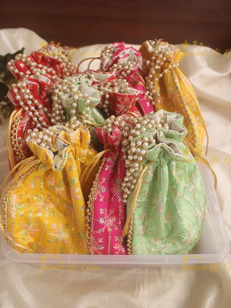Embroidered 8.5*8 inch potli bags with gold beads - set of 10 - Assorted colours for return gifts - Sparkle and Glow