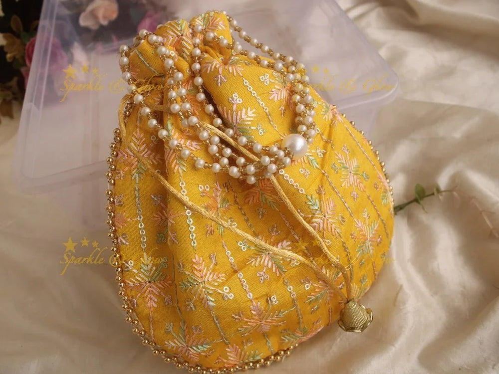 Embroidered 8.5*8 inch potli bags with gold beads - set of 10 - Assorted colours for return gifts - Sparkle and Glow