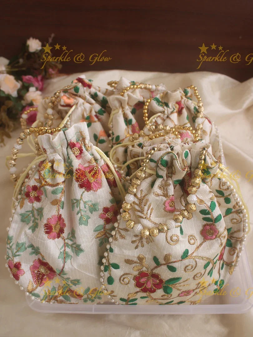 Two side Embroidered 8.5*9 inch potli bags with gold beads - Sparkle and Glow