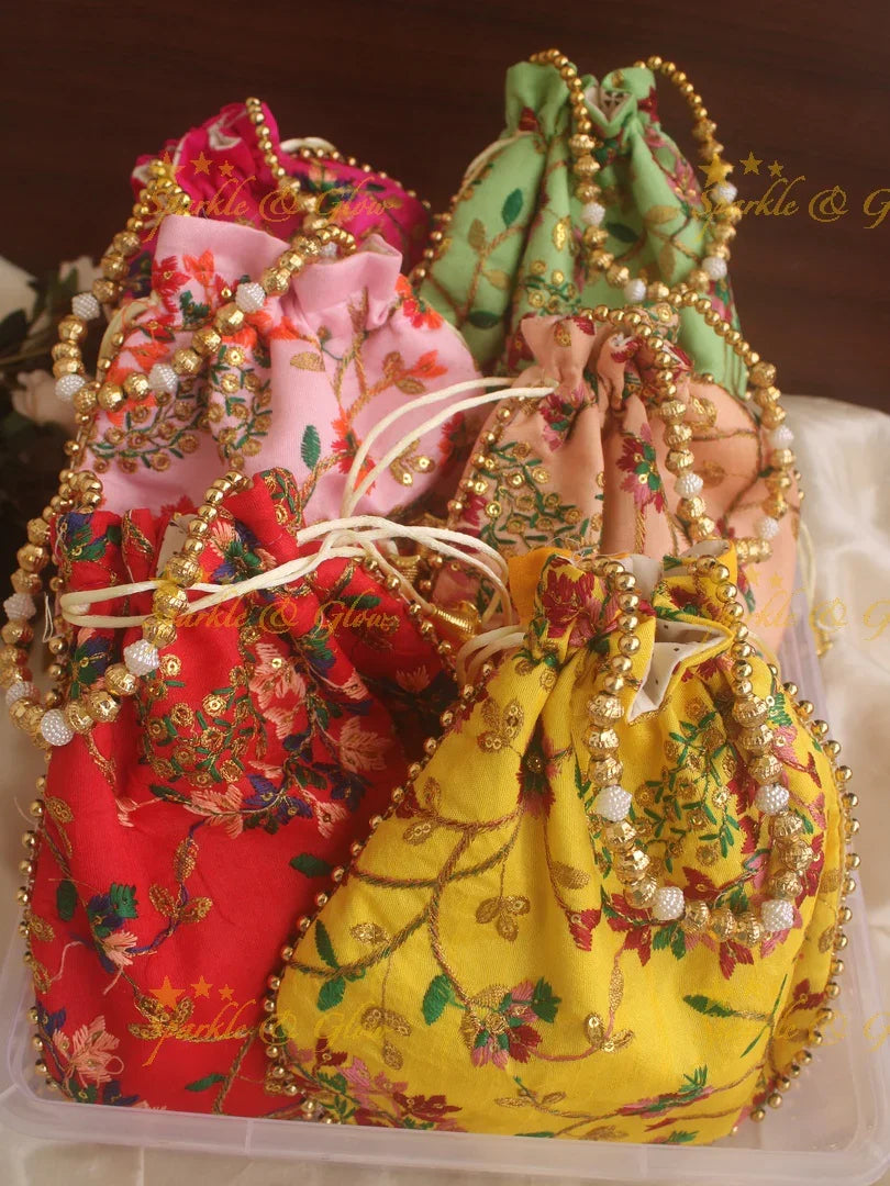 Embroidered 8*8 inch potli bags with gold beads - Sparkle and Glow