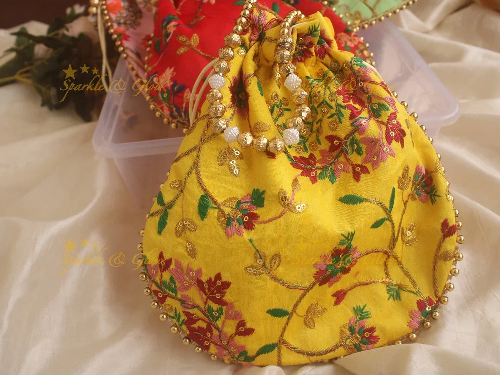 Embroidered 8*8 inch potli bags with gold beads - Sparkle and Glow